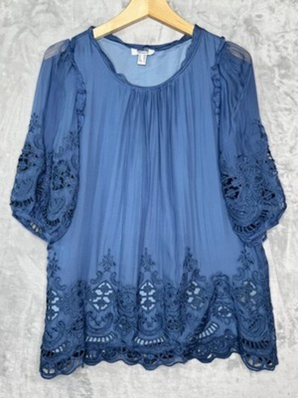 Moschino Cheap And Chic Blouse Womens 4 Blue Silk Embroidered Tunic Paisley